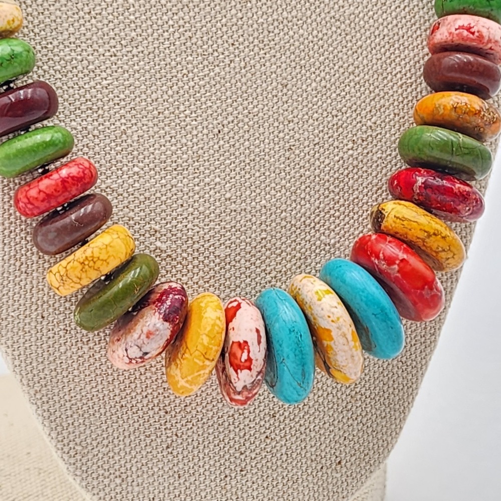 Statement Multicolor Graduated Howlite Disc Necklace Sterling Silver Clasp 22" - Picture 6 of 7
